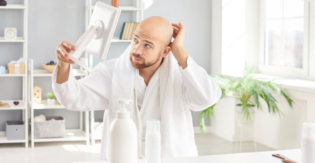 Photo with text about scalp care in bald men